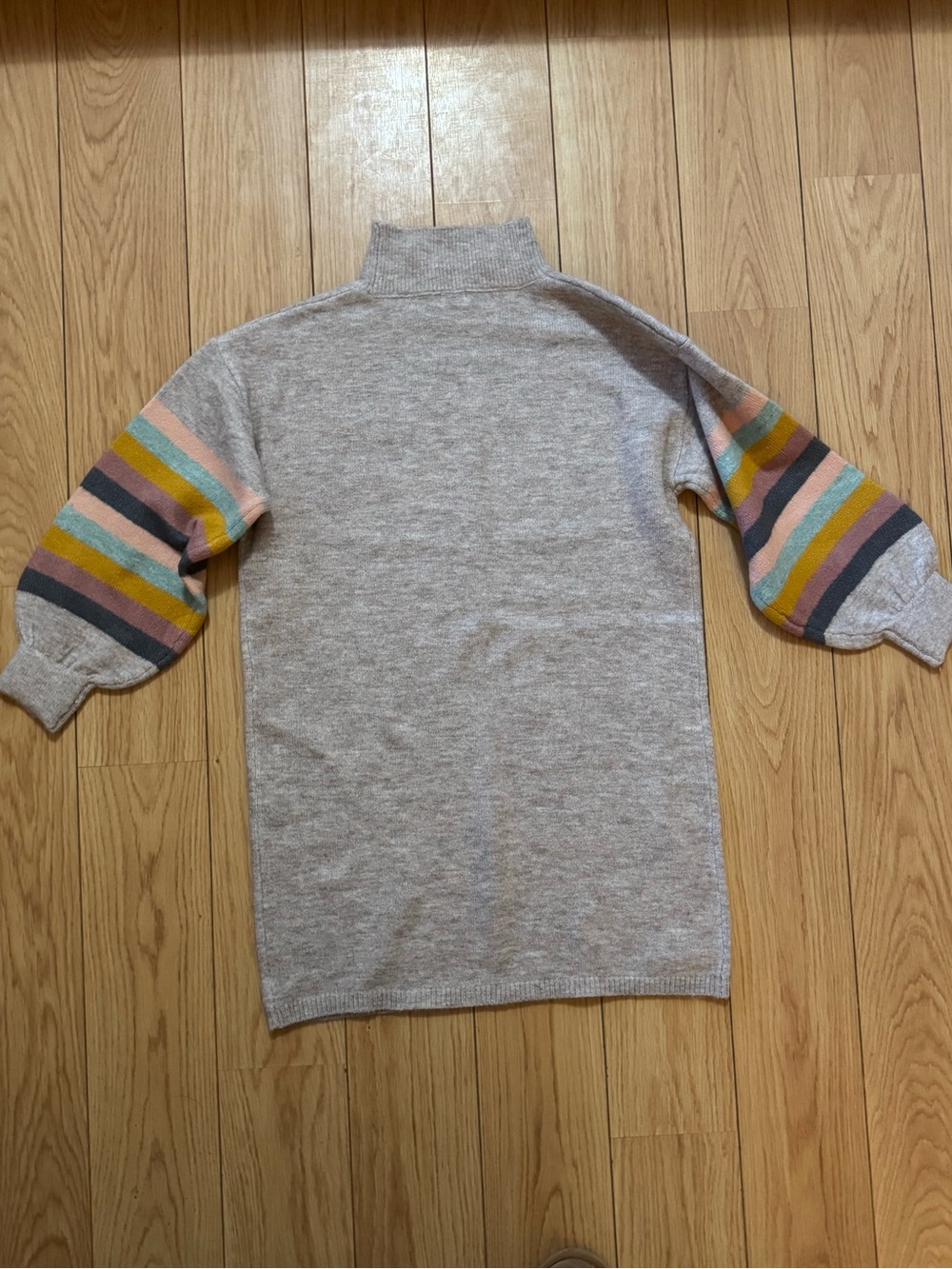 Pink Lily Gray Turtleneck Sweater with Pastel Stripe Balloon Sleeves